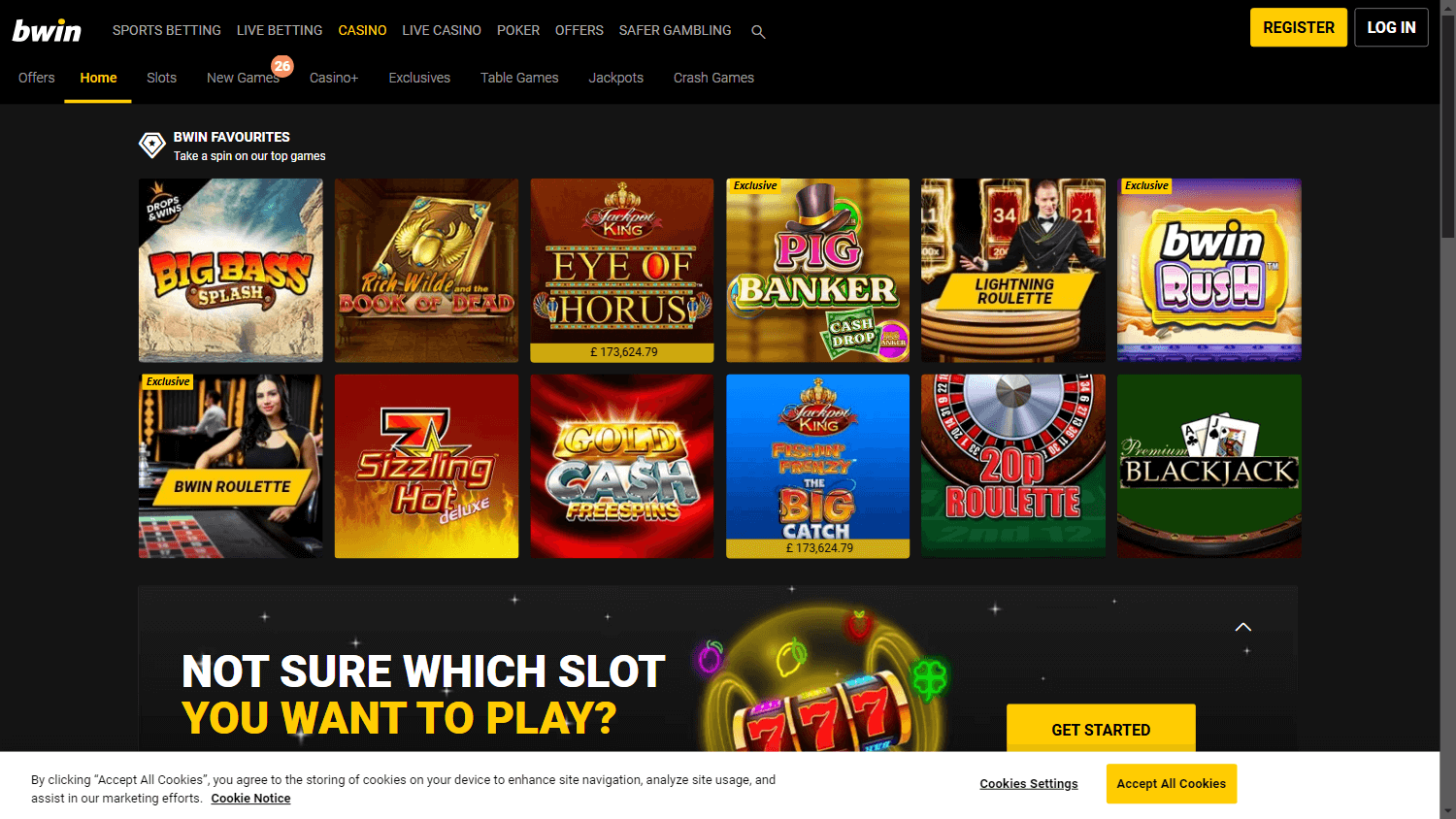 Schermata homepage Bwin Casino con bonus di benvenuto 100% fino a 200€ + 50 free spin