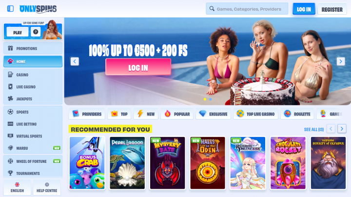 Schermata homepage OnlySpins casinò con slot in evidenza