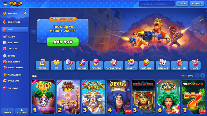 Lobby slot di Pistolo casinò con selezione di giochi Pragmatic Play e NetEnt