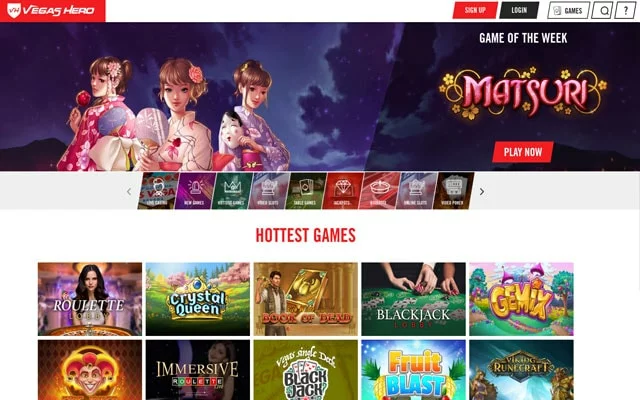 Vegas Hero Casino schermata home con bonus di benvenuto